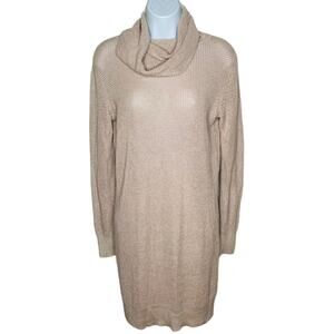 Garnet Hill Sweater Dress S Tan Cowl Neck Knit Tencel Wool Minimalist Capsule